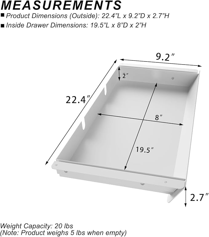 White Large Under Desk Mounted Sliding Drawer with 2 Cable Hole and 60 Degree Tilt Panel to Pull Out, 22.4'' Long & 9.2'' deep Large Storage Organizer for Sit Stand Workstation - Image 2