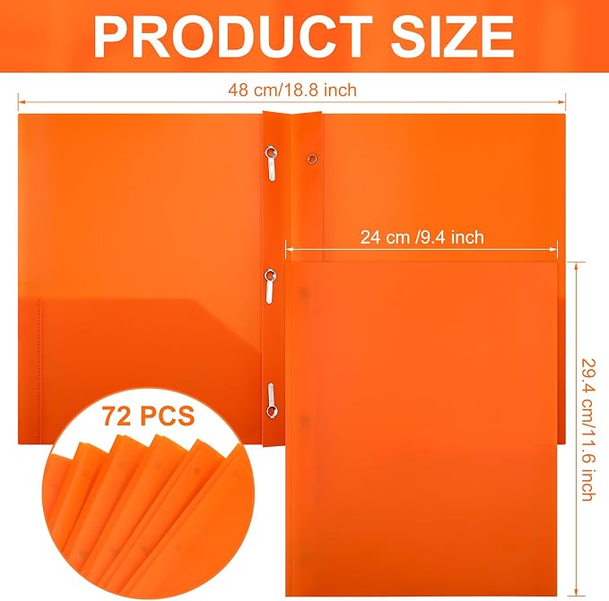 Cholemy 72 Packs Pocket Folders with Prongs Heavy Duty Plastic Folder with Business Card Slot 3 Prong Fasteners for School Office (Orange) - Image 2