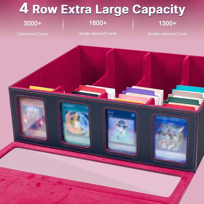 4-Row 3000+ Trading Card Storage Box for MTG, Card Deck Box with Snap-fit Design, 4 Card Sleeves, 8 Stoppers, 24 Dividers (4-Rows Black-Red) - Image 3