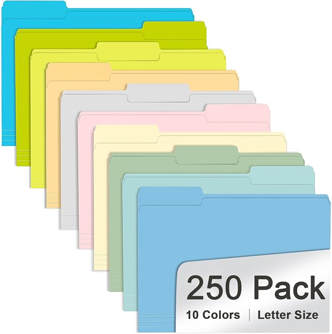 File Folder, RAZCC 250 Pack Colored File Folders, 1/3 Cut Tab File Folder Letter Size, Filing Folders with Tabs for Office School Business Use, Assorted 10 Colors by RAZCC