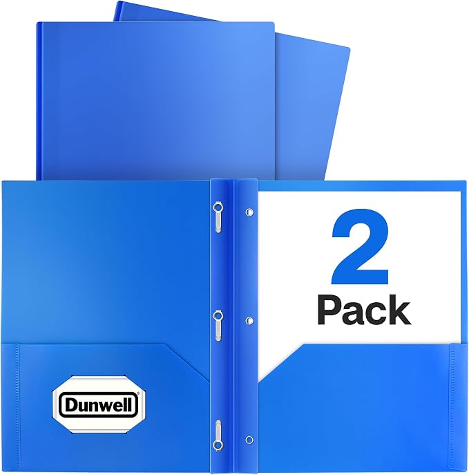 Dunwell Plastic 2-Pocket Folders with 3 Prongs, Blue, 2 Pack, Poly | Durable Acid-Free Poly with Fasteners, Long-Term School & Office Use, Labels Included by Dunwell