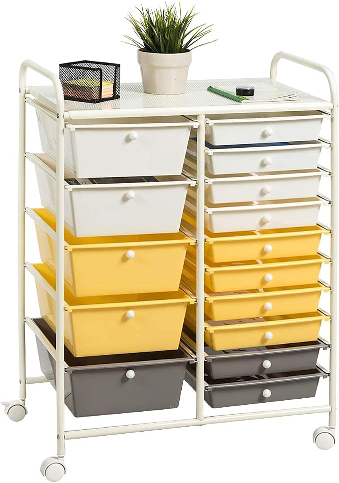 COSTWAY 15 Drawer Rolling Storage Cart, Mobile Utility Cart with Lockable Wheels, Drawers, Multipurpose Organizer Cart for Home, Office, School, Yellow by COSTWAY