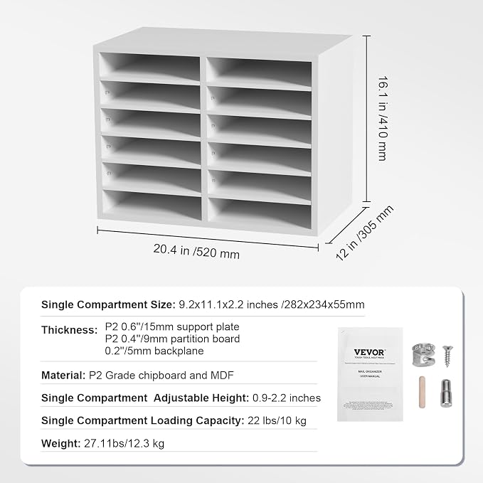 VEVOR Literature Organizers, 12 Compartments Office Mailbox with Adjustable Shelves, Wood Literature Sorter 20.4x12x16.1 inches for Office, Home, Classroom, Mailrooms Organization, EPA Certified White - Image 7