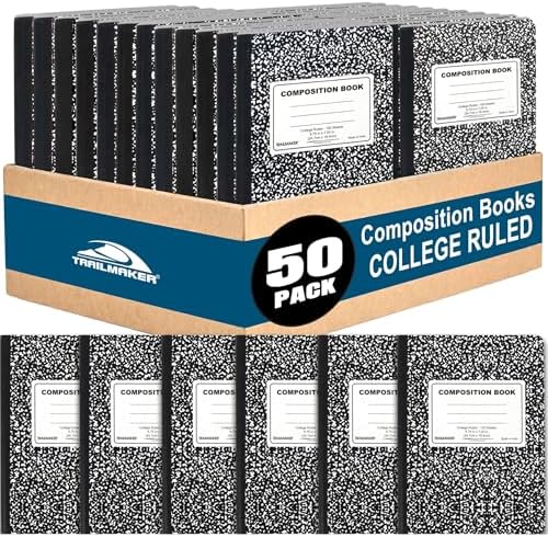 Trail maker (50 Pack) Bulk Composition Notebooks, College Ruled Marble Cover, 200 Pages (100 Sheets), 9.75 x 7.5, Bulk School Supplies for Classroom, Office & School Donations by TrailmakerBuiltforLife%E2%80%99sAdventuresBigandSmall