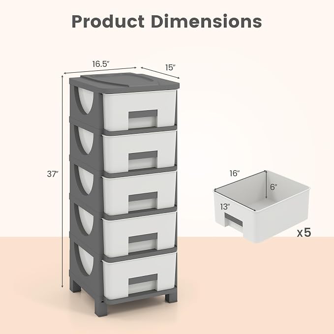 Giantex 5-Drawer Storage Organizer, Plastic Storage Tower with Drawers, Multi-Purpose Container Box for Office, Bathroom Living Room, White+Grey - Image 3