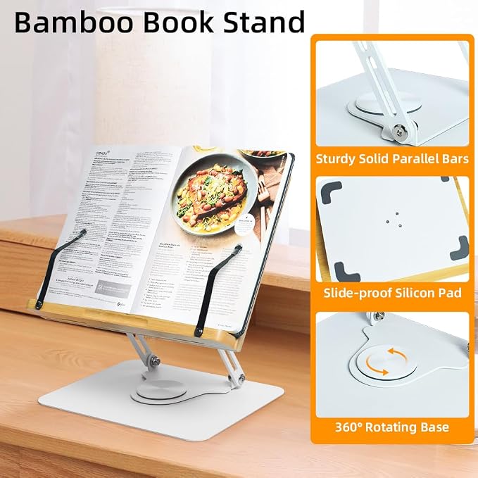 wishacc Book Display Stand, 1 Pack Metal Holder for Reading Kitchen Counter | 360 Swivel Base, Adjustable Height & Angle, Hands Free Recipe Support, 11x8.1in Panel, Wood Color Finish, Portable Study Aid - Image 5