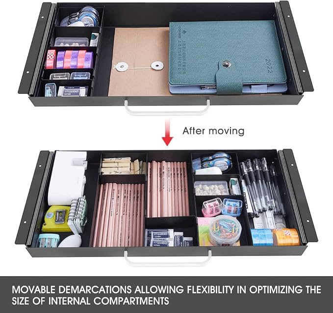 GOME Large Size Under Desk Slide out Pencil Drawer with Adjustable Space Divider Design for Storing Pencil and Office Accessories, Underdesk Pull out Tray Organizer Mounted for Sit Stand Workstation - Image 3
