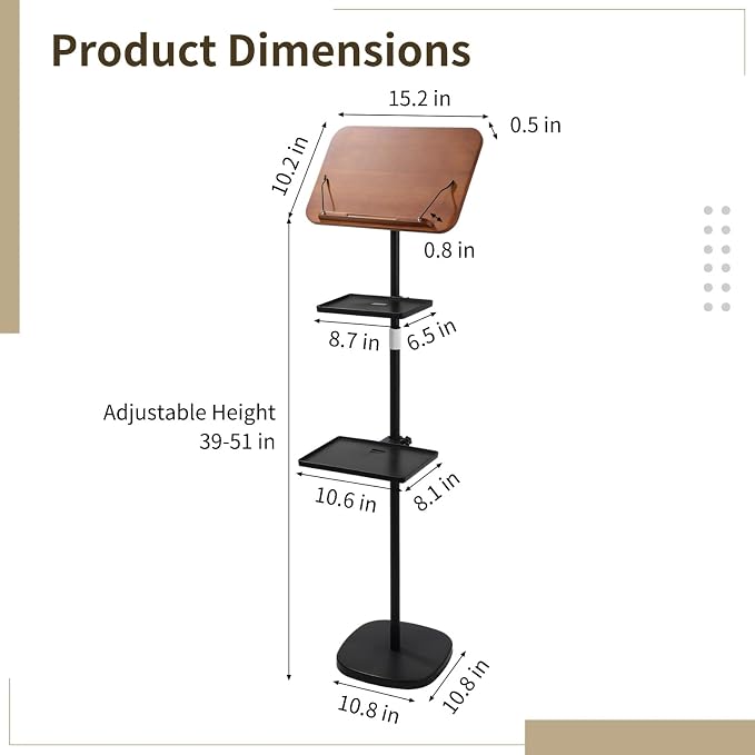 Floor Book Stand with 2 Removable Trays, Adjustable Height Wood Reading Stand for Bed or Sofa, Music Stand Book Holder for Music Sheet, Tilt and Rotate Laptop Holder, Portable Podium Stand - Image 5