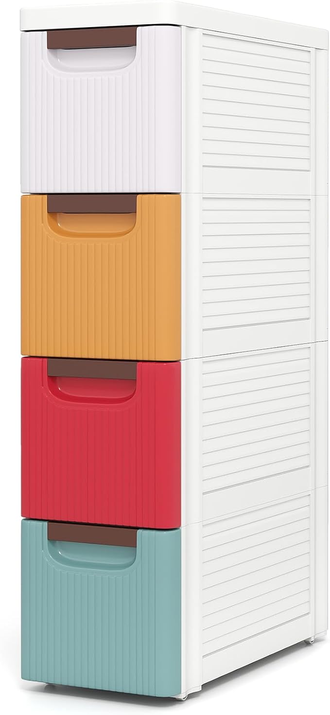 Giantex 4 Drawers Storage Cart, Narrow Plastic Dresser, Rolling Organizer Cart for Office Classroom Bedroom Bathroom Art Craft Supplies, Mobile Slim Utility Cart on Wheels, Multicolor by Giantex
