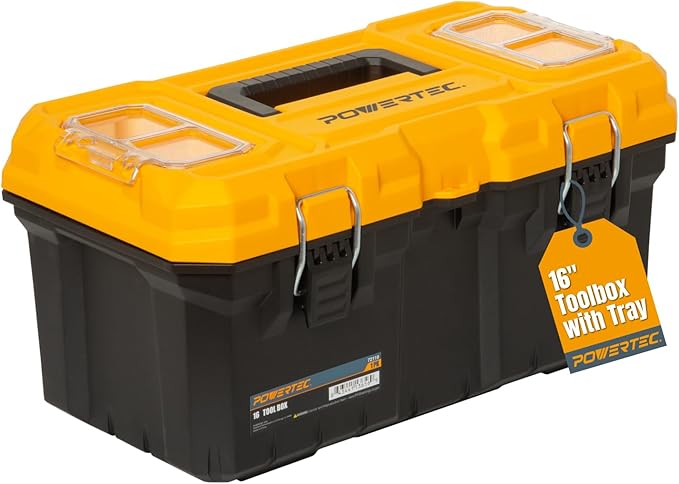POWERTEC 16-Inch Tool Box with Trays - Lockable, Metal Latch, Organizer, Portable Storage for Tools, Small or Mid-Sized Parts (72119) by POWERTEC