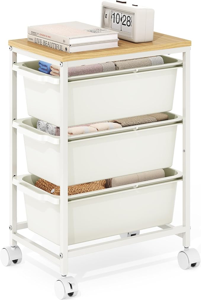 KINGBOARD Slim Rolling Cart with 3 Drawers, Metal Utility Storage Cart | Wooden Tabletop, Lockable Wheels, Under Desk Trolley for Bedroom, Children's Room and Office Organization, White by KINGBOARD