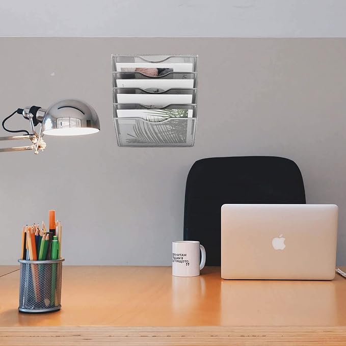 5 Pocket Mesh Hanging Wall File Organizer, Wall Mounted Mail Paper Document Folder Holder, Clipboard Storage Organization Magazine Rack with Nametag Label for Office Home School, Silver - Image 4