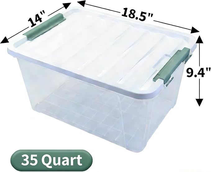 Storage Latching Bins, 35 Quart Clear Plastic, 4-Pack Storage Box | See-Through Organizing Solution, Green Latches Containers for Home, Bathroom, Kitchen & Office Organization - Image 2