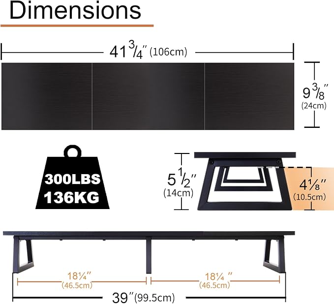 TEAMIX 42 inch Large Dual Monitor Riser, Desk Organizer Stand for TV Laptop | Extra Long Computer Stand Shelf, Wood & Steel TV Riser, Holds 300lbs, Keyboard & PS5 Storage Below, For Home Office & Gaming - Image 5