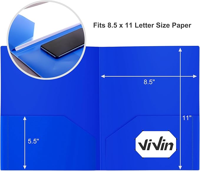 ViVin 12-Pack Plastic Folders with Pockets, 8.5 x 11 Inch Letter Size Poly Folders with 2 Pockets, Plastic Pocket Folders for School, Home, Office (Blue) - Image 3