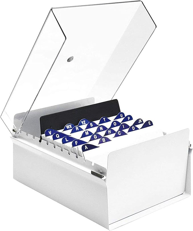 Acrimet 6 x 9 Card File Holder Organizer Box Metal Base Heavy Duty (AZ Index Cards and Divider Included) (White Color with Crystal Plastic Lid Cover) by Organizingyourlife
