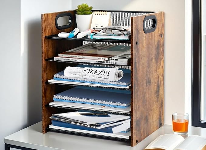 Desk Organizer - 5-Tier Desktop File Organizer, Wooden Paper Tray Organizer, Office Desk Organzier and Accessories for Papers, Mail, Notebooks, Stationery - Image 7