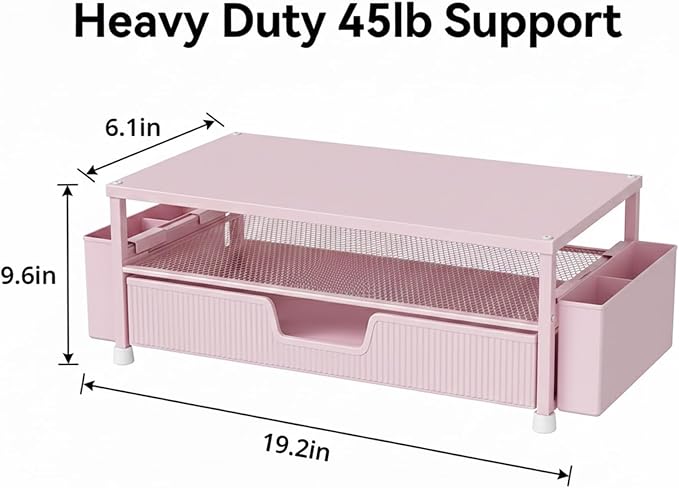 ECOLOVI Desk Organizer and Accessories, 2-Tier Computer Monitor Stand Rise with Storage Drawer & 2 Pen Holders, Laptop & Printer Stand for Desktop, Workspace Organizers for Office Supplies (Pink) - Image 2