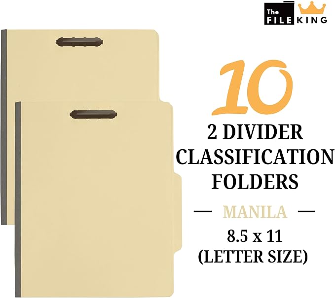 The File King Two Divider Manila Classification File Folder - Letter Size | 10 Pack | 2/5 ROC Top Tab | 1" Expansion | 2" Fastener Prongs | Made in America - Image 2