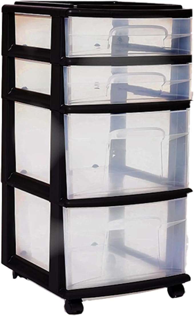 HOMZ Drawer Tower, 4-Tier Clear Plastic Storage Organizer Cart, Black Frame - Rolling Drawers with Wheels for Desk, Dresser, Cabinet, Bedroom, Bathroom, Closet, Classroom, and Office Organization - Image 9