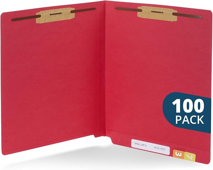 Blue Summit Supplies 100 Red End Tab Fastener File Folders, Letter Size | Durable 11pt red paper, straight cut end tabs, 2 prong fasteners, medical files, receipts, office reports by BlueSummitSupplies