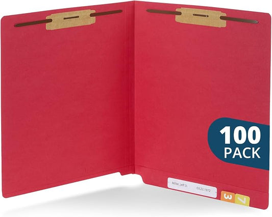 Blue Summit Supplies 100 Red End Tab Fastener File Folders, Letter Size | Durable 11pt red paper, straight cut end tabs, 2 prong fasteners, medical files, receipts, office reports by BlueSummitSupplies