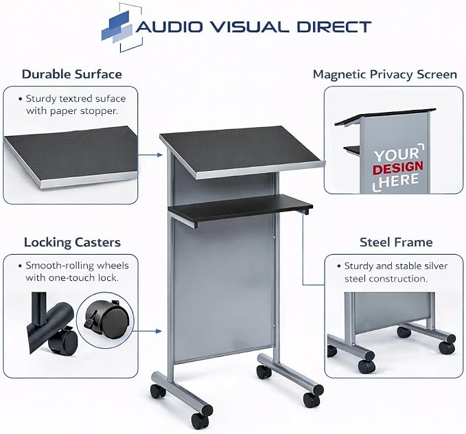 Wheeled Lectern Podium - Standing Desk with Storage Shelf - Silver/Black - Ideal for Presentations and Laptop Use - Image 5