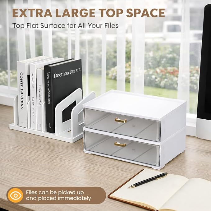 LALOBLUE Acrylic Desk Organizer with Drawer and Vertical File Holder, Desk Organizers and Accessories, Multi-Functional Office Supplies Organizer for Home or Work Desk, White - Image 6