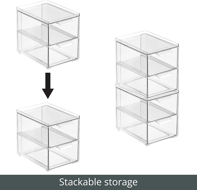 mDesign Stackable Storage Containers Box with 2 Pull-Out Drawers - Stacking Plastic Drawer Bins for Master or Guest Bathroom, Linen Closet, Vanity, or Makeup Table - Lumiere Collection - 8 Pack, Clear - Image 5