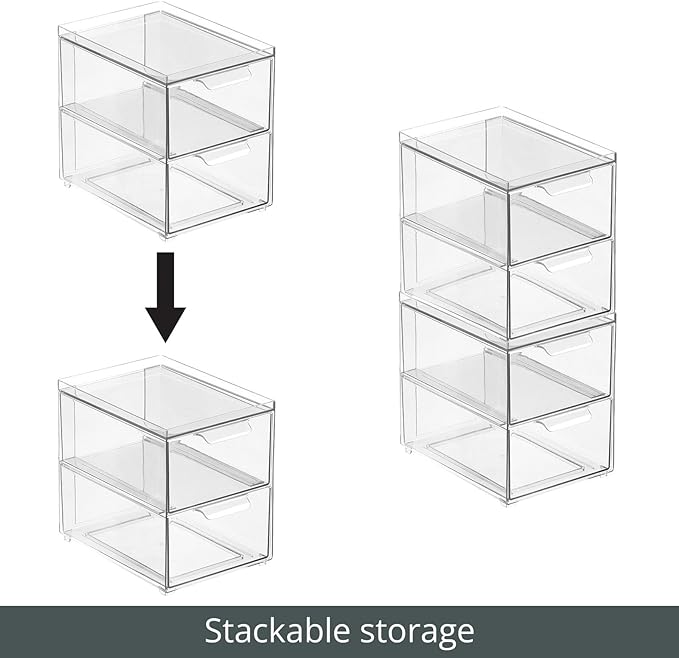 mDesign Stackable Storage Containers Box with 2 Pull-Out Drawers - Stacking Plastic Drawer Bins for Master or Guest Bathroom, Linen Closet, Vanity, or Makeup Table - Lumiere Collection - 2 Pack, Clear - Image 5
