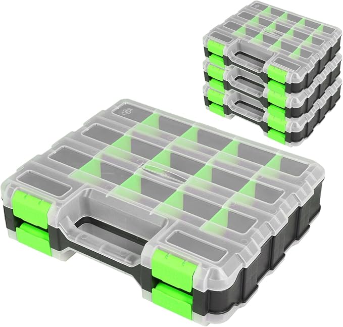 Jack Boss Tool Box with Transparent Lid, Double Side 34-Compartments Organizer Box with Removable Dividers for Hardware, Screws, Bolts, Nails, Beads, Jewelry and Fishing Accessories, Green, 4 Pack by JACKBOSS