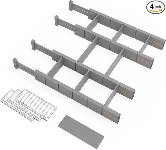 SpaceAid Bamboo Drawer Dividers with Inserts and Labels, Kitchen Adjustable Drawer Organizers, Expandable Organization for Home, Office, Dressers, 4 Dividers with 9 Inserts (17"-22" Gray) by SpaceAid