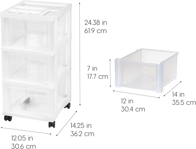 IRIS USA 3-Drawer Rolling Storage Cart, White/Clear | Keep craft supplies, office essentials, classroom items, and accessories organized with easy-access drawers for daily use - Image 3