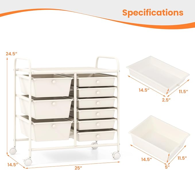Giantex 9 Drawers Rolling Cart, Classroom Organizers, Storage Cart with Wheels, for Teacher Office Home School Supplies Tool Craft Art Paper, Ivory - Image 3