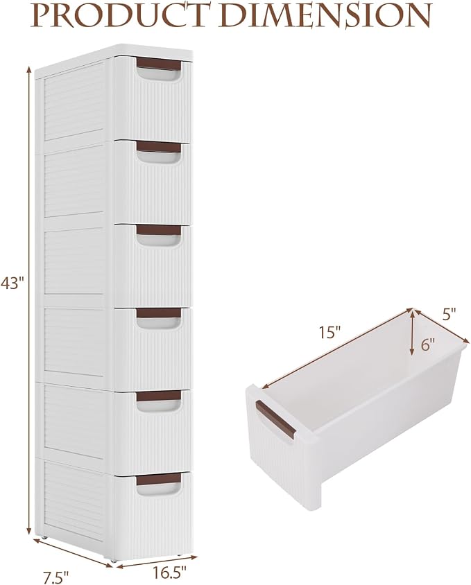 POWERSTONE 6-Drawer Plastic Storage Cart, Narrow Organizer Rolling Cart with 4 Wheels, Space-Saving Slim Mobile Utility for Bathroom, Office & Classroom - Image 2