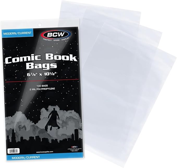 BCW Current/Modern Comic Bags - 100 ct | Acid-Free Modern Comic Bags for Current Issues | Exterior 6 7/8 x 10 1/2 inches | Crystal Clear Protection for Your Comic Collection by BCW