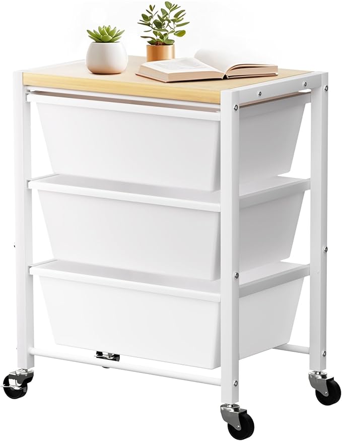 Rolling Cart with 3 Drawers, Plastic Drawer Storage Carts with Lockable Wheels & Wooden Tabletop, Metal Utility Cart Organizer, Office Bedroom Classroom Craft Organization and Storage, Bright White by TimeForest