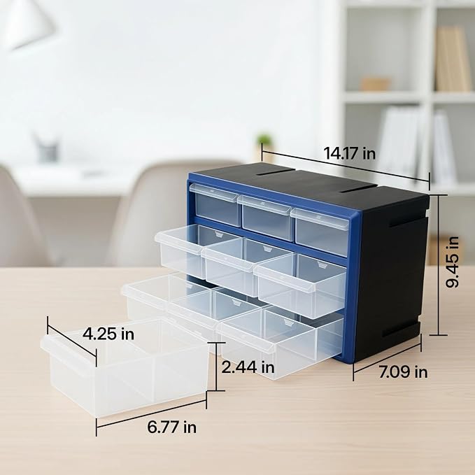 NORTHSKY 9-Bin Small Parts Cabinet, Stackable, Blue, 14.17 × 7.09 × 9.45 in 9 * Blue (9 Drawer & Clear) - Image 3
