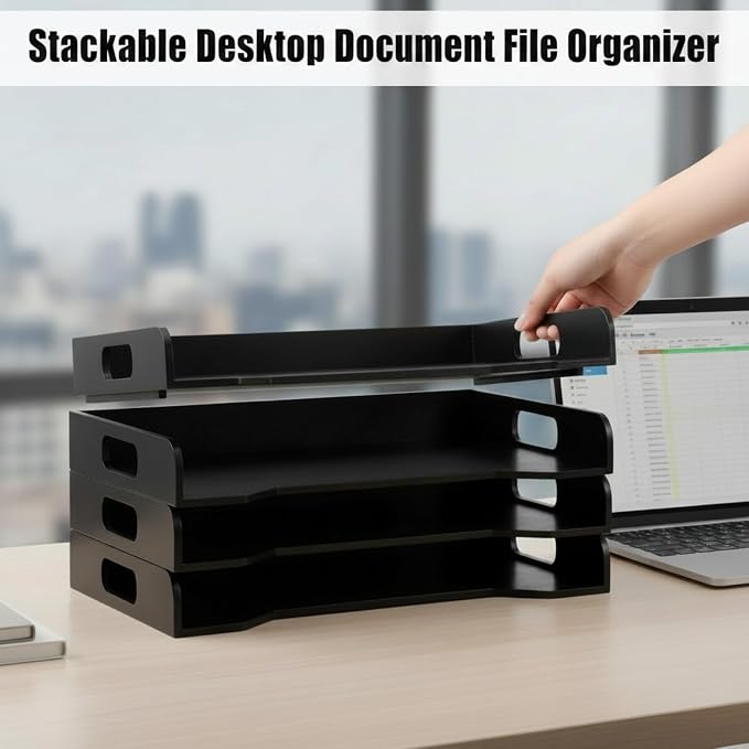 Wooden Stackable Paper Trays 4-tier Wooden Paper Organizer for Desk Letter Documents Woodens Desktop File Organizers for Desktop File Holder and Office Supplies Rack for Home Office Use (Black) - Image 5