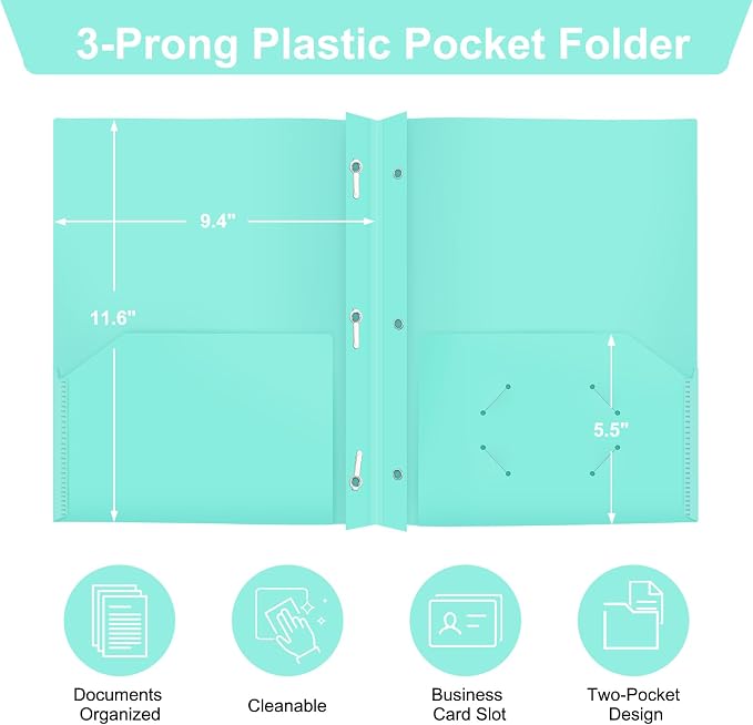 ViVin 12-Pack Pastel Color Folders - Durable Plastic Folders with 2 Pockets and 3-Prong Fasteners, Cute for School, Home and Office (Light Green) - Image 2