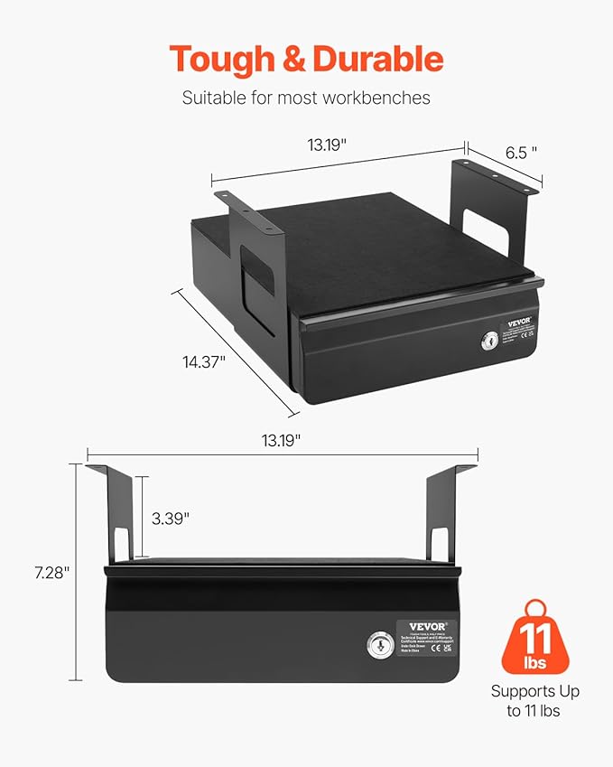 VEVOR Under Desk Lockable Slide Out Drawer, 13 inch Under Desk Pull-out Drawer for Sit Stand Workstation, Secure Under Counter Drawers for Home Office Storage Organizer, Black - Image 2