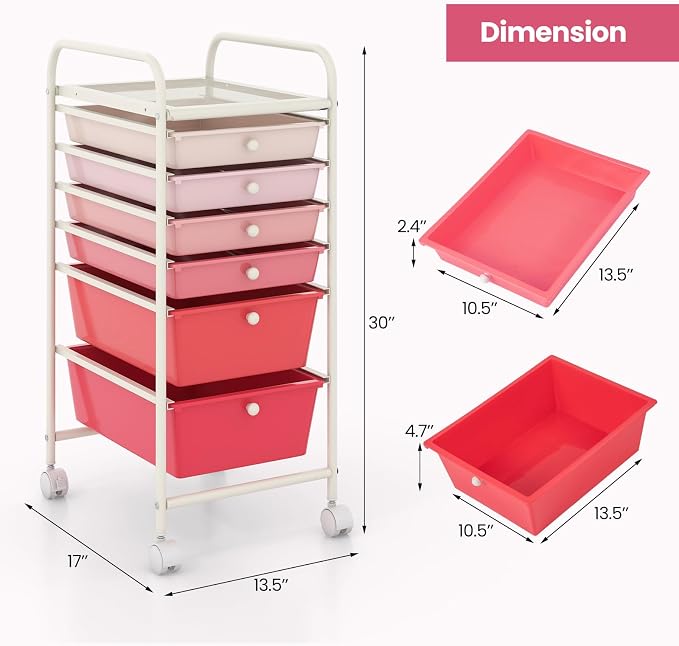 COSTWAY 6-Drawer Rolling Storage Cart, Art Craft Tools Organizer on Wheels | Multifunctional Heavy Duty Utility Mobile Storage Trolley w/ 2 Lockable Wheels for Home Office School (Mixed Pink) - Image 3