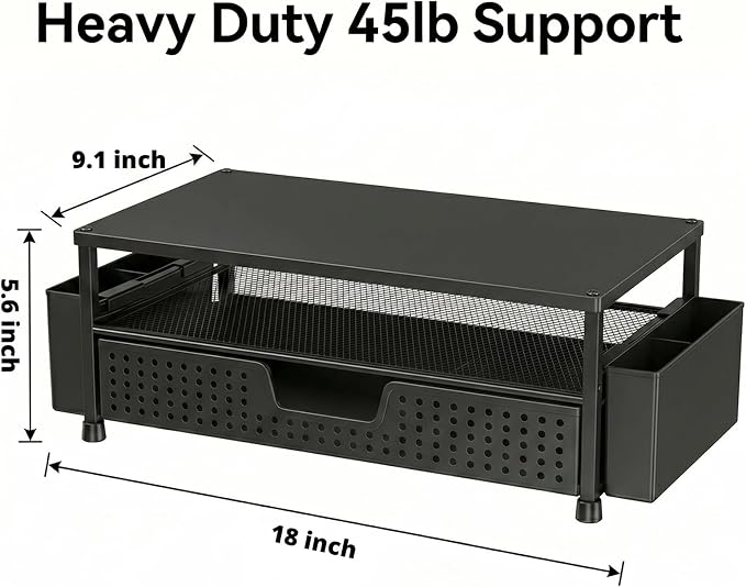 ECOLOVI Desk Organizer and Accessories, 2-Tier Computer Monitor Stand Rise with Storage Drawer & 2 Pen Holders, Laptop & Printer Stand for Desktop, Workspace Organizers for Office Supplies (Black Wood) - Image 2
