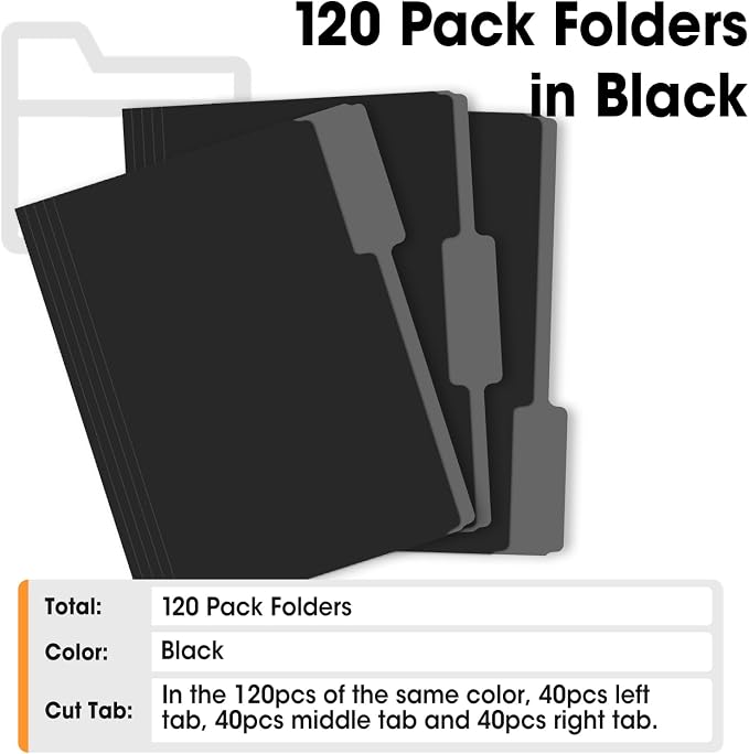 120 Pack File Folders 8.5 x 11 Inch, 1/3 Cut Tab Black File Folders Letter Size, School Business Office Filing Folder for Document, Black - Image 5