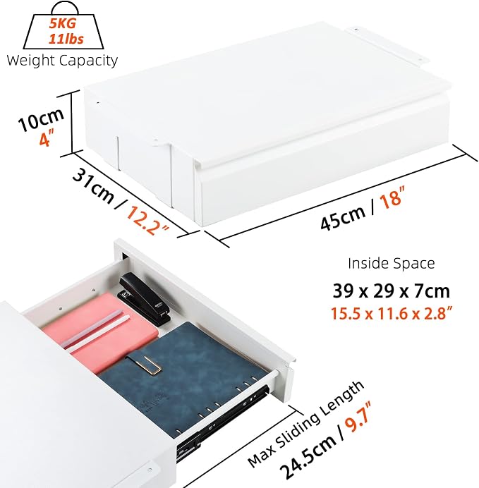 Under Desk Drawer 18”, Under Cabinet Counter Mount Pencil Drawer | White Normal, Under Workbench Tool Storage Hanging Metal Drawer,Large Standing Desk Lip Organizer for Laptop,Office Accessory - Image 3