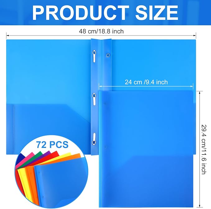 Cholemy 72 Packs Pocket Folders with Prongs Heavy Duty Plastic Folder with Business Card Slot 3 Prong Fasteners for School Office (Cute) - Image 2