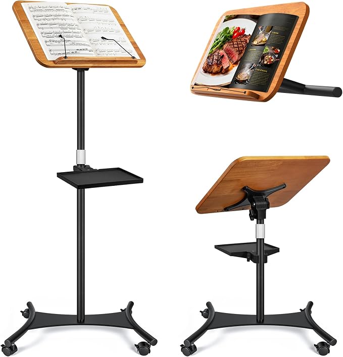 2 in 1 Dual-use Music Stand & Desktop Book Stand, Adjustable Height 16.5"-51", 100% Solid Wood Laptop Floor Stand Book Holder with Elastic Page Clips for Cookbooks (Brown with Tray and Wheels) by Unknown