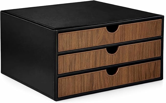 UnionBasic Document Organizer, 3-Drawer File Cabinet Document Storage Box, Office Desktop Filing Organizer, Black with Wood Grain Drawers by UnionBasic