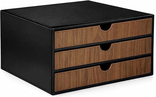 UnionBasic Document Organizer, 3-Drawer File Cabinet Document Storage Box, Office Desktop Filing Organizer, Black with Wood Grain Drawers by UnionBasic