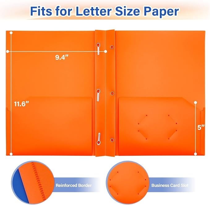 Heavy Duty Plastic Folder, 60 Pack, Pocket Folder with brads, Letter Size Poly File, Plastic Folders with 3 Prongs Fasteners - Orange - Image 2